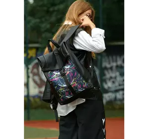 Женский рюкзак Sambag RollTop One черный с принтом "ABSTRACT"
